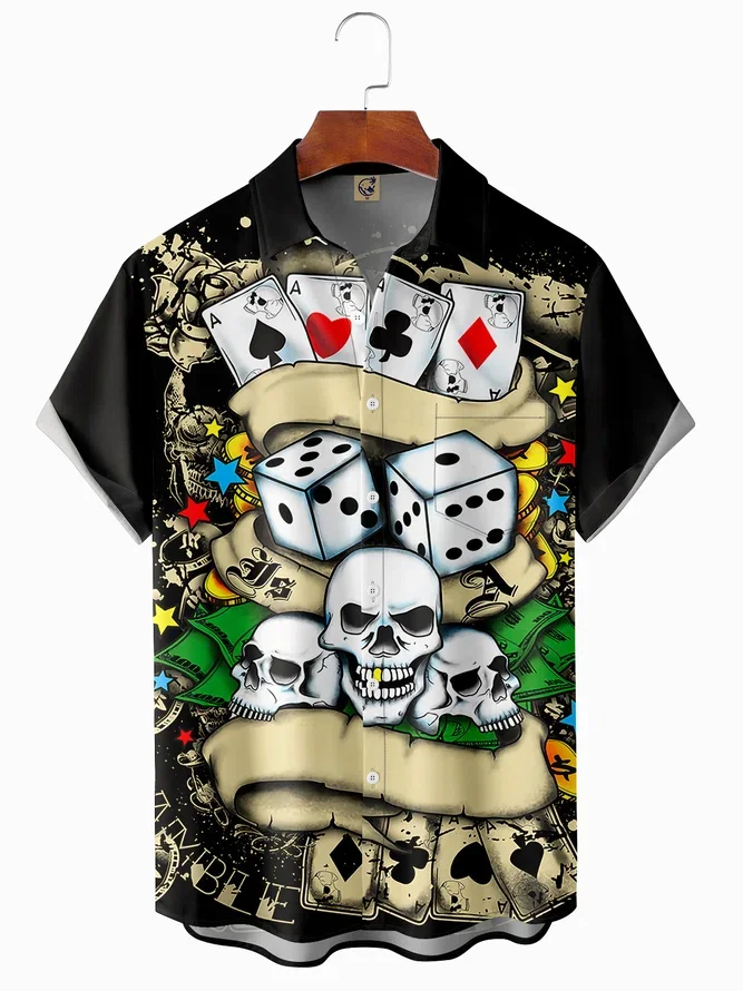 

Y2K Men's clothing skeleton and poker print casual breathable Pocket Hawaiian short sleeve shirt