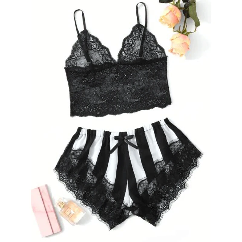 

1PC Lingerie Lace Home Set Black And White Striped Ladies Pajamas Lace Suit Women Sleepwear Sexy Nighties Comfortable Breathable