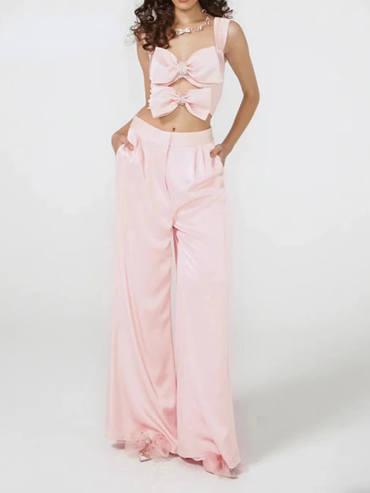 

2023 New Summer Women's Two Piece Set Sleeveless Hollow Bow Beaded Short Top Loose Wide Leg Pants Sexy Party Set