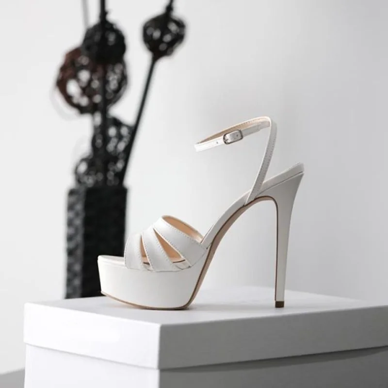 

White Patent Leather Platform Heels Sandals Open Toe Ankle Strap Strappy Sandals Shoes Cutouts Summer Stiletto Heel Dress Shoes