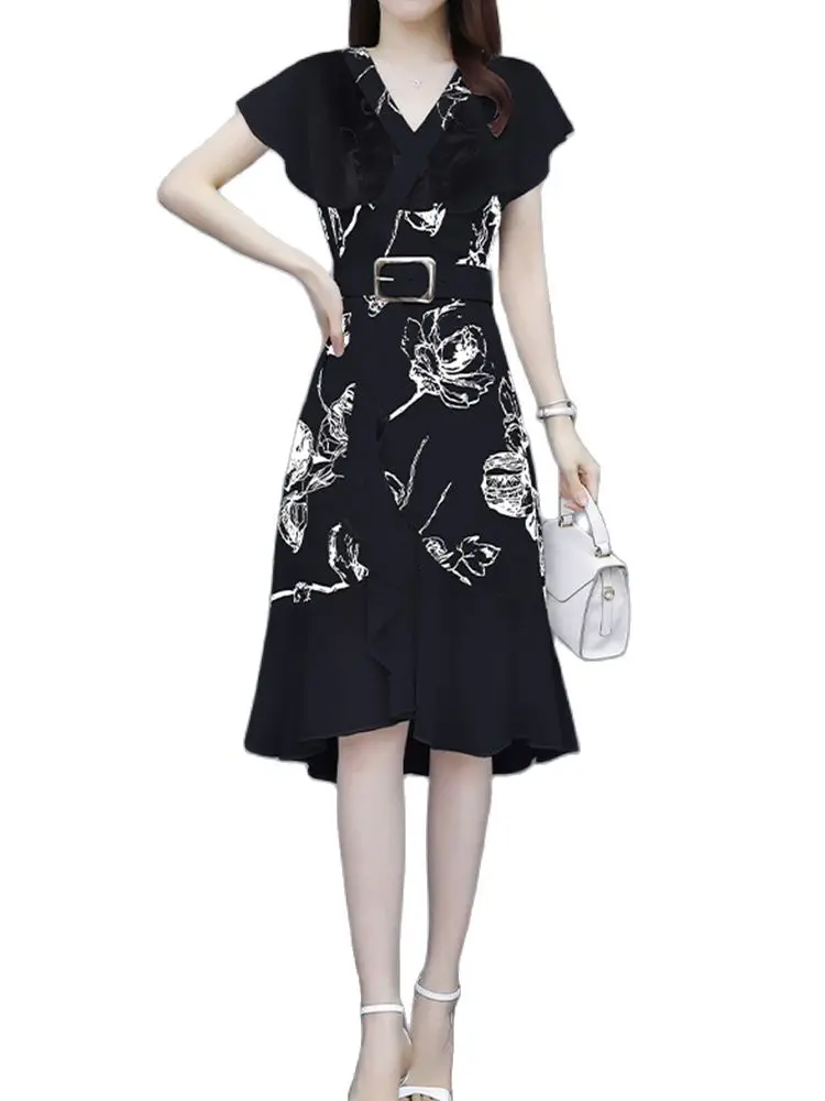 

Film chiffon dress female summer new small pure and fresh and fashion show thin waist goddess temperament fan skirt
