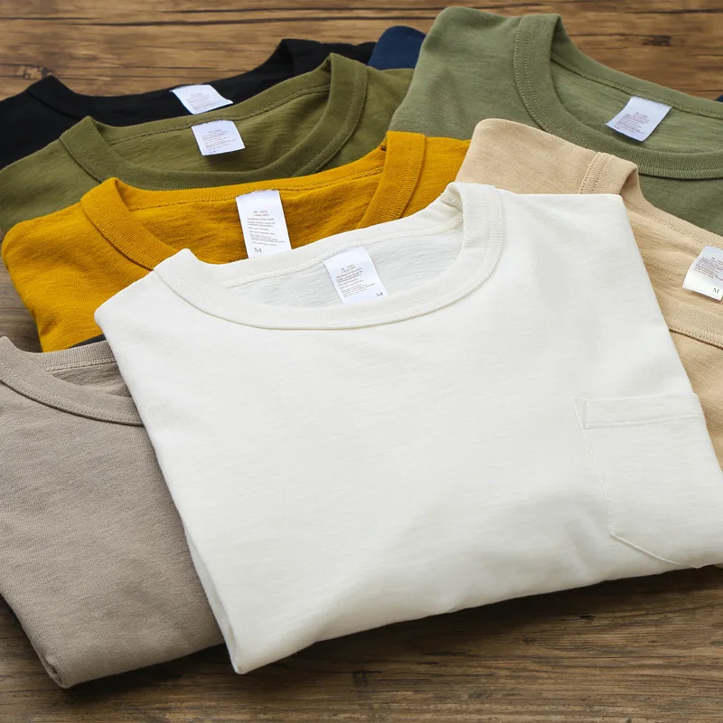 

Summer Fashion Men's Vintage Slub Cotton Pocket T-shirt High Quality Comfortable Short Sleeve White Tee Casual Pullover Top Male