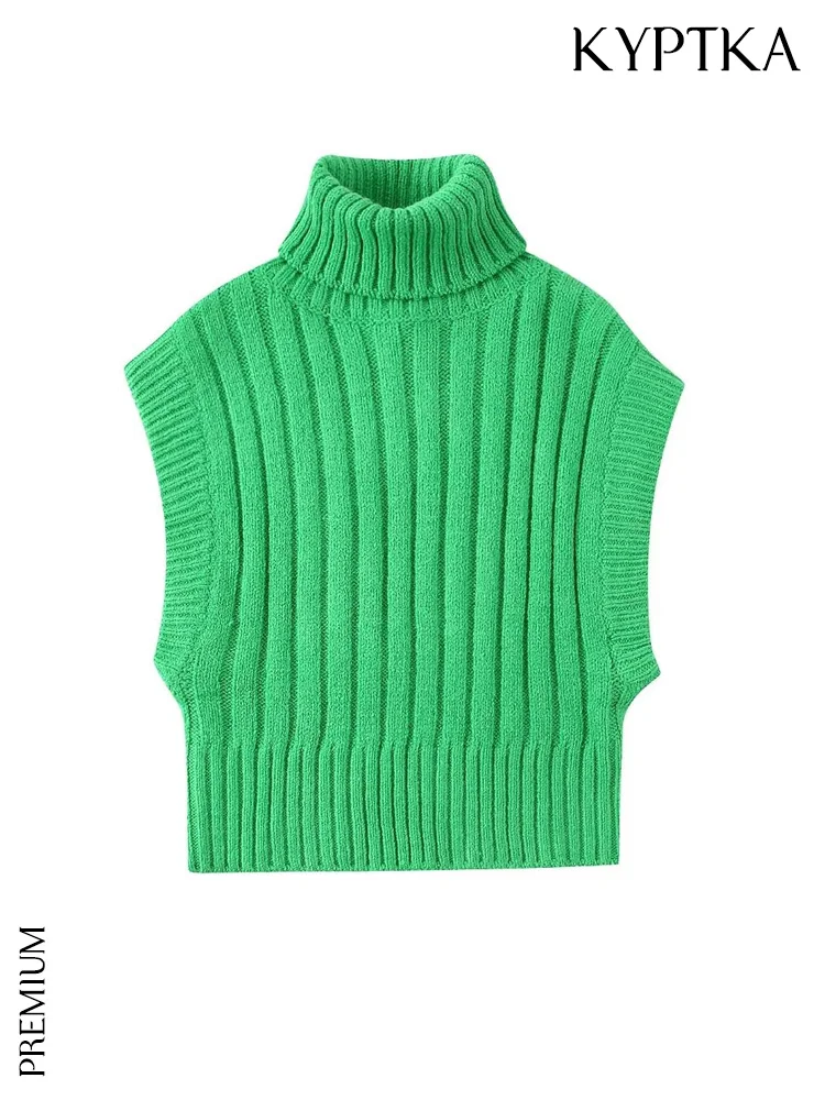 

KYPTKA Women Fashion Cropped Ribbed Knit Vest Sweater Vintage High Neck Sleeveless Female Waistcoat Chic Tops