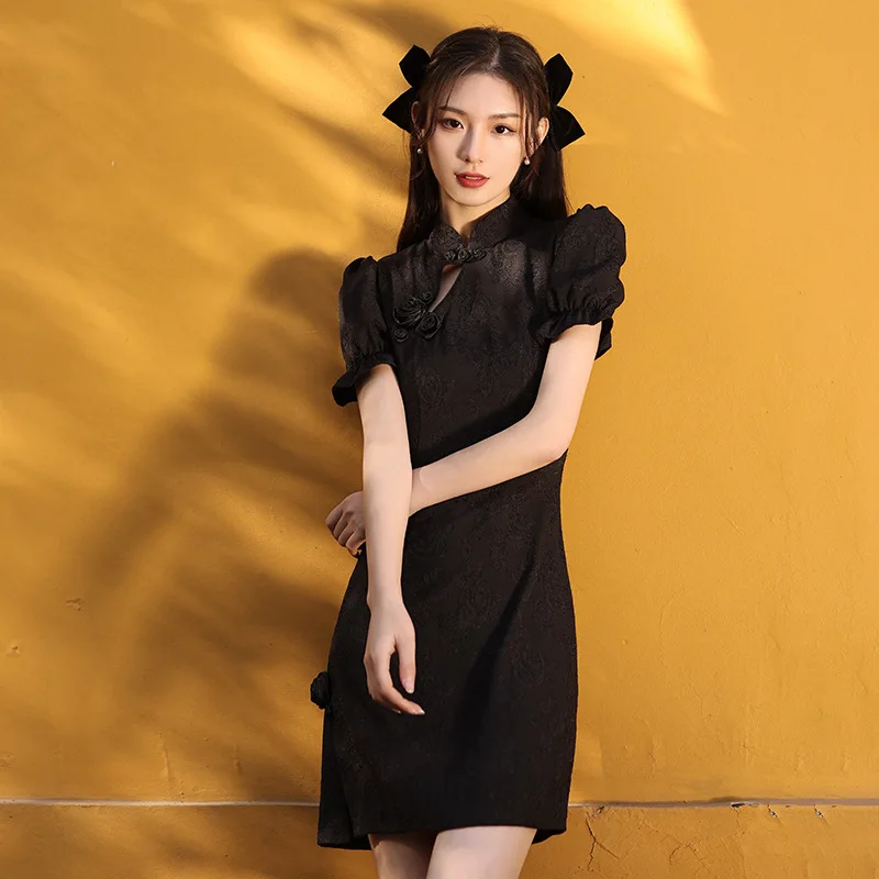 

Satin Black Embroidery Traditional Chinese Cheongsam Tang Suit Retro Gothic Mandarin Collar Sexy Elegance Bodycon Qipao Dresses