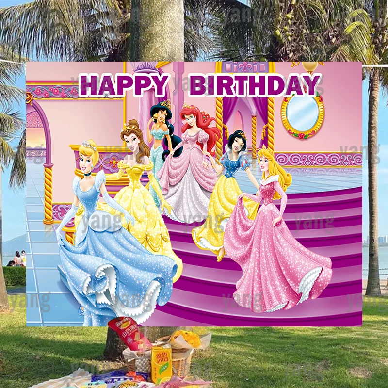 

Romantic Glitter Cartoon Cinderella Aladdin Disney Castle Background Custom Backdrop Girls Princess Baby Happy Birthday Party