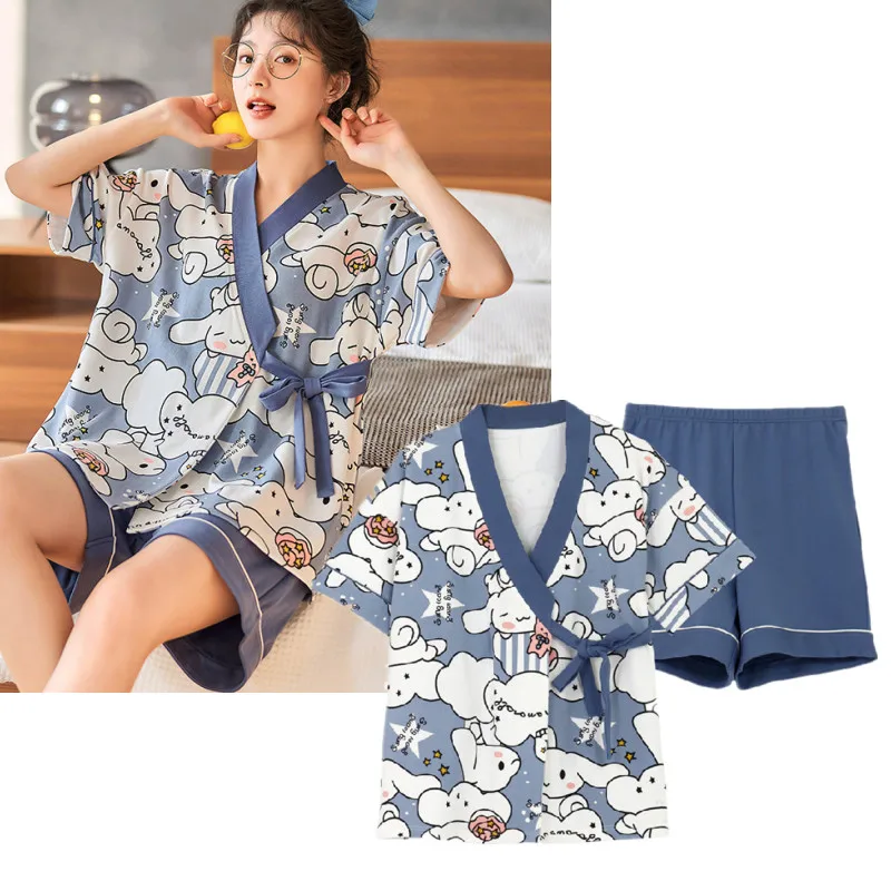 

Летнее японское кимоно с коротким рукавом для девочек в стиле аниме Kawaii Cinnamorol, стильные пижамы, хлопковая Мягкая Повседневная Женская пижам...