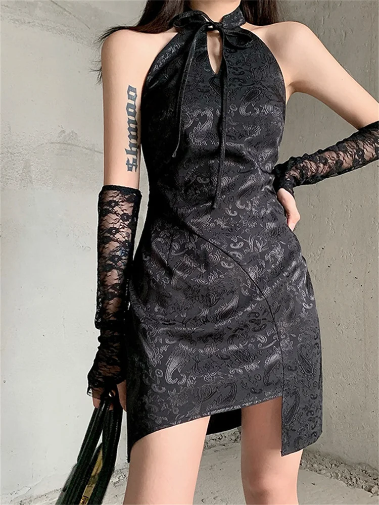 

2023 Irregular Printed Chinese Style Dress Gothic Black Gloves Dress Harajuku Aesthetic Halter Bandage A-line Summer Dress Women