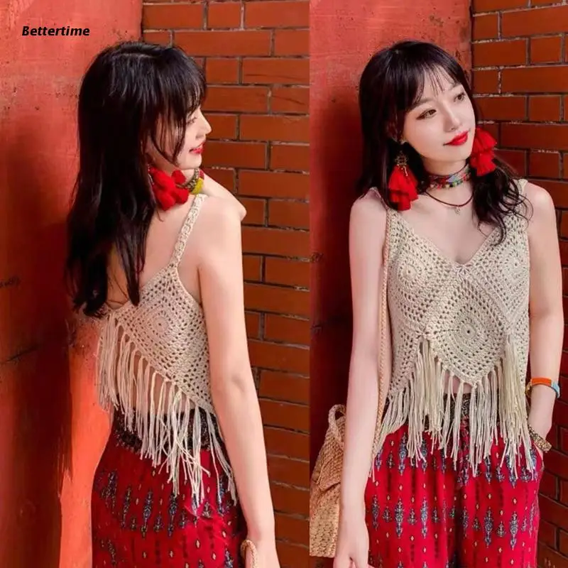 

B36D Women Boho Hollow Out Crochet Camisole Sexy V-Neck Backless Sleeveless Crop Top Diamond Check Pattern Tassel Beach Vest