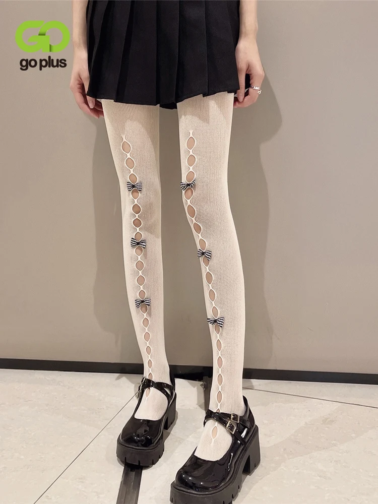 

GOPLUS Lolita Tights Kawaii High Stocking Black Sexy Medias Bow Fishnets Socks Hollow Out Pantyhose White Cute Skinny Panty Hose