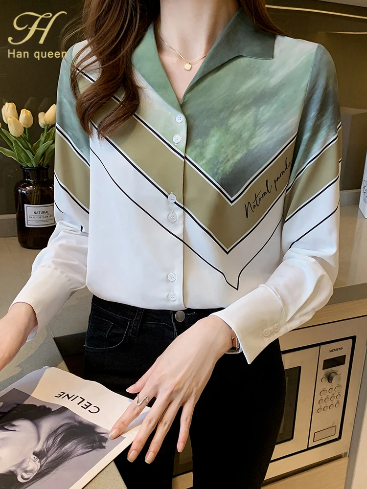 

H Han Queen Autumn Women's Elegant OL Work Wear Shirts Chiffon Blouses Korean Casual Shirt Loose Tops V-Neck Print Blusas