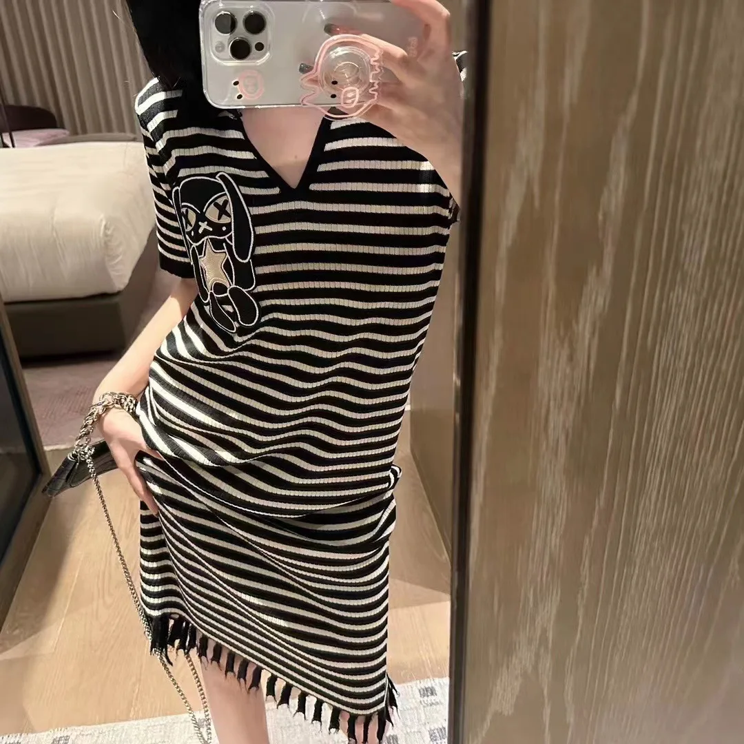 

Женское длинное платье в полоску TB BROWIN, хлопковый трикотажный комбинезон с вышивкой в виде животных, Повседневное платье с отложным воротником в Корейском стиле