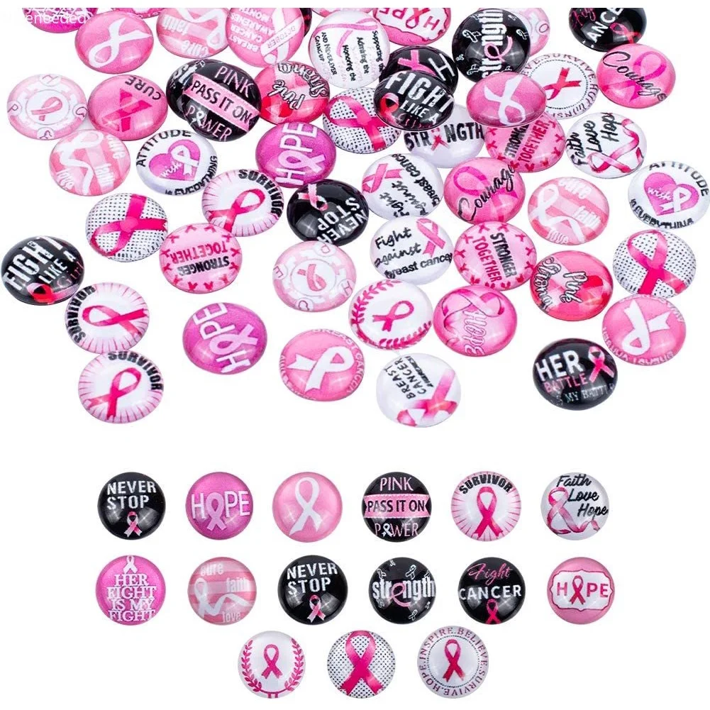

120pcs 30 Style Pink Awareness Ribbon Glass Cabochons Silk Ribbon Printed Picture Mosaic Tile for Breast Necklace Jewelry Making