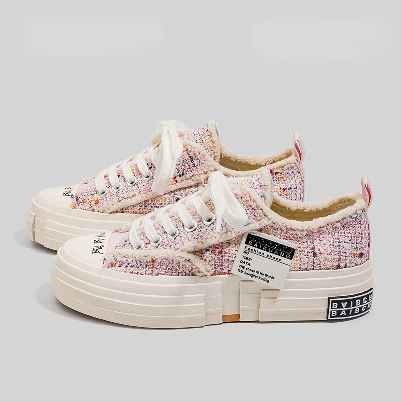 New Girl's Sneakers Low Top Lace Up Pink Canvas Women Shoes Thick Sole 35-40 Black Casual Shoes Nice Quality