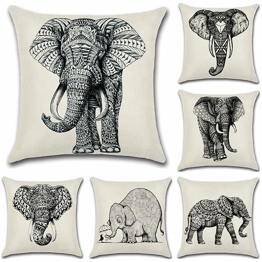 

New Animal Cushion Cover 45X45cm Linen Home Decor Pillows Cover For Sofa Hand-painted Elephant Pillowcase Cojines