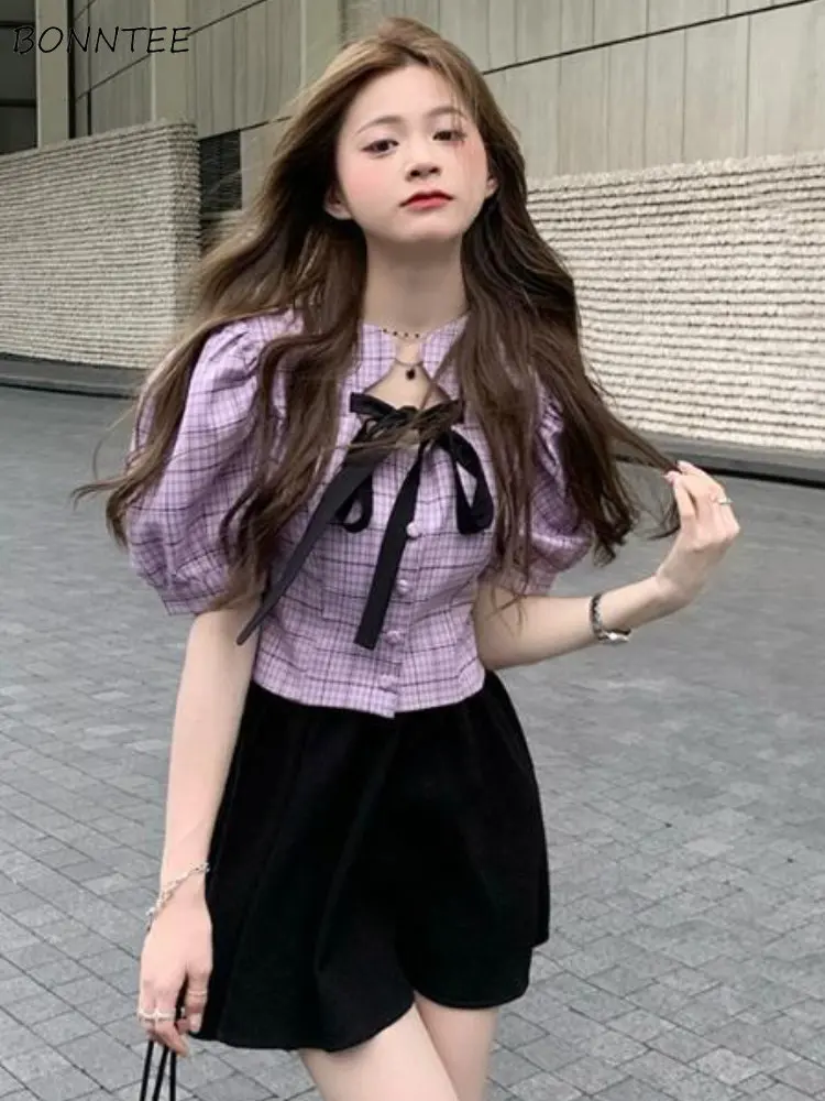 

Skirts Sets Women Lace-up Hollow Out Sweet Korean Style Simple Plaid Temper All-match Stylish Ladies Classic Casual Summer Ins