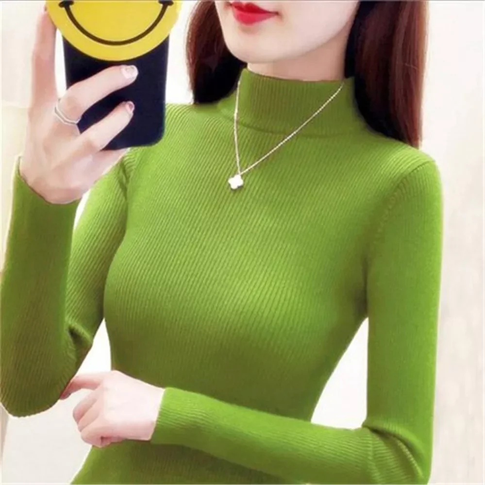 

New in 2022 Fashion Elastic Women Sweater Turtleneck Pullovers Long Sleeve Korean Slim Solid Jumper Casual Basic Pull Femme S-4X