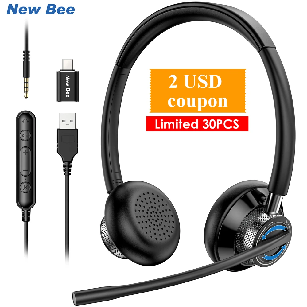 New Bee USB Headset with Rotatable Microphone for PC 3.5mm Business Headphones Mic Mute Noise Cancelling Call Center | Электроника