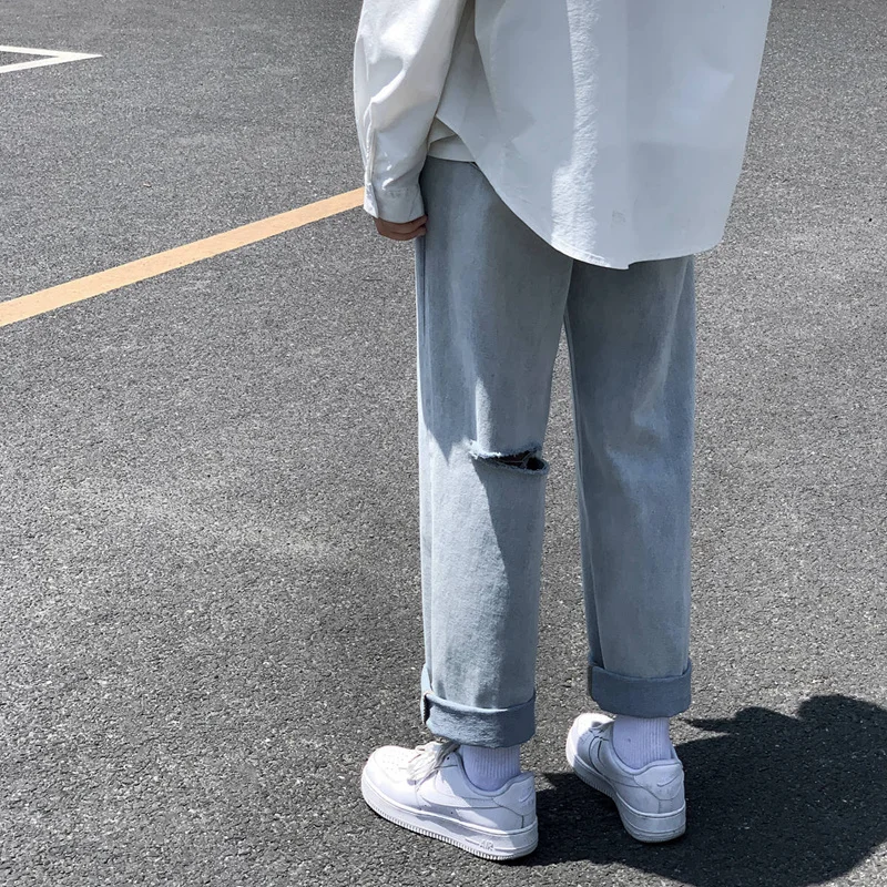 Ripped Jeans Men's Spring Ins Tide Brand Loose High Street Beggar Wide-leg Trousers Spring and Autumn All-match Straight Pants