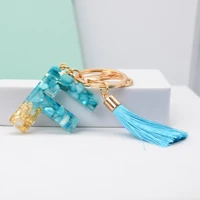 2022 new fashion english letter keychain with tassel blue a z keyring glitter sequins filling resin key chain gifts jewelry