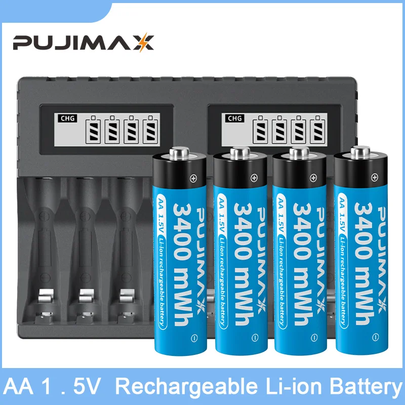 

PUJIMAX AA 1.5V 3400mWh Li-ion Battery Rechargeable Original Lithium Battery With 8-Slot Smart Battery Charger For Alarm Clock