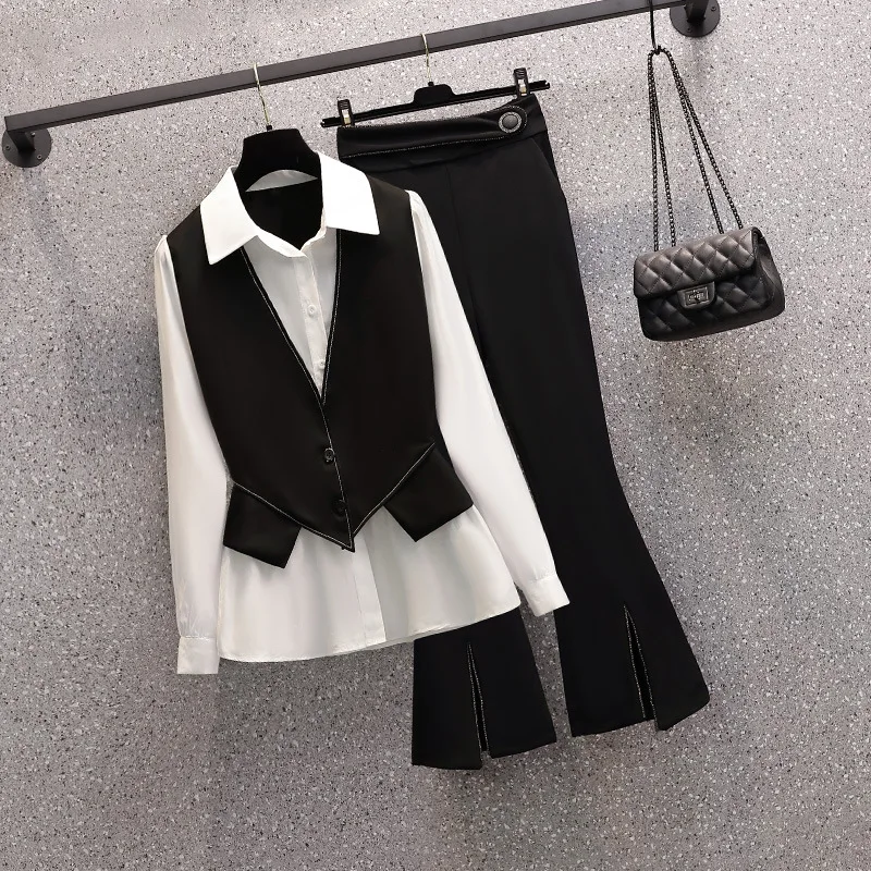 

Elegant Vest Pants Shirt Two Piece Set Long Sleeve Top Straight Women Clothing Suit Solid Casual Sets Autumn