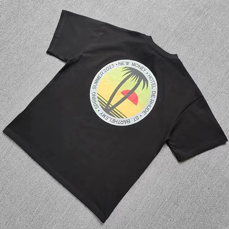 

Real Photo Rhude T-shirt Coconut Tree Sunset Print Cotton Breathable Short Sleeve Top Tee Summer Men Women Couple T Shirt