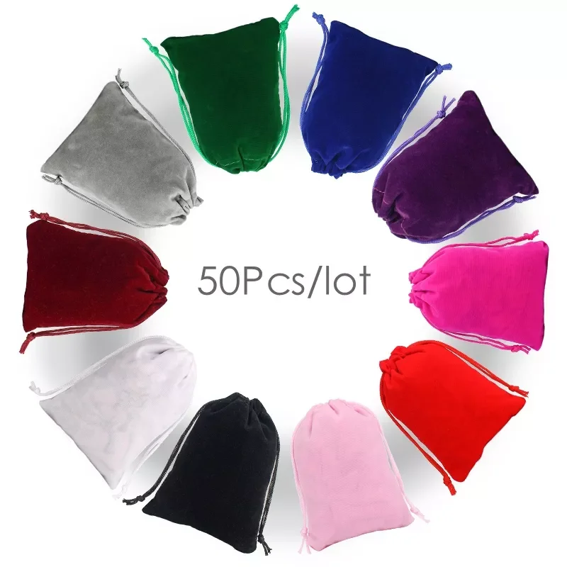 

50Pcs/Lot Drawstring Velvet Sachet 5x7/7x9/9x12/10x15cm Pouches Small Size Jewelry Gift Display Packing Bags Can Customized