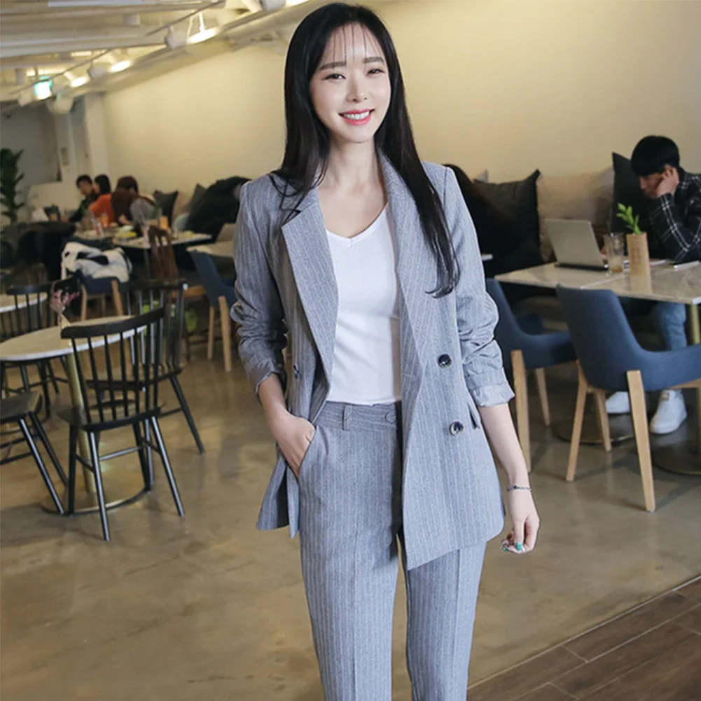 

Autumn Stripes Polyester Double Breasted Exquisite Office Long Sleeve Fashion With Pants Suits Set