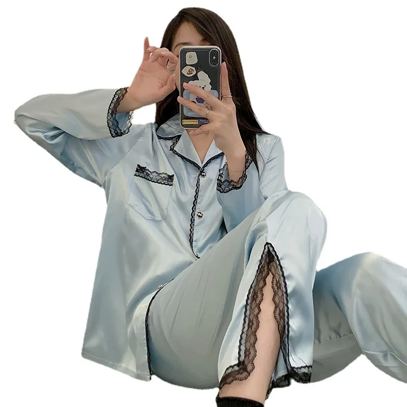New Pajamas for Women's Spring and Summer Long-sleeved Trousers Lace Decoration Large Size Home Service Suit Casual Sleepwear