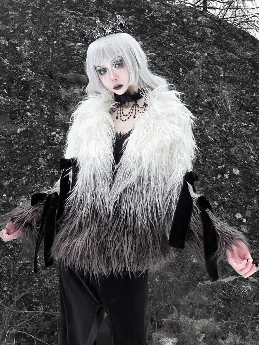 

Blood Supply Original Design Gradual Color White Gothic Faux Fur Bow Tie Winter Coat Jacket Women Fur Jaqueta