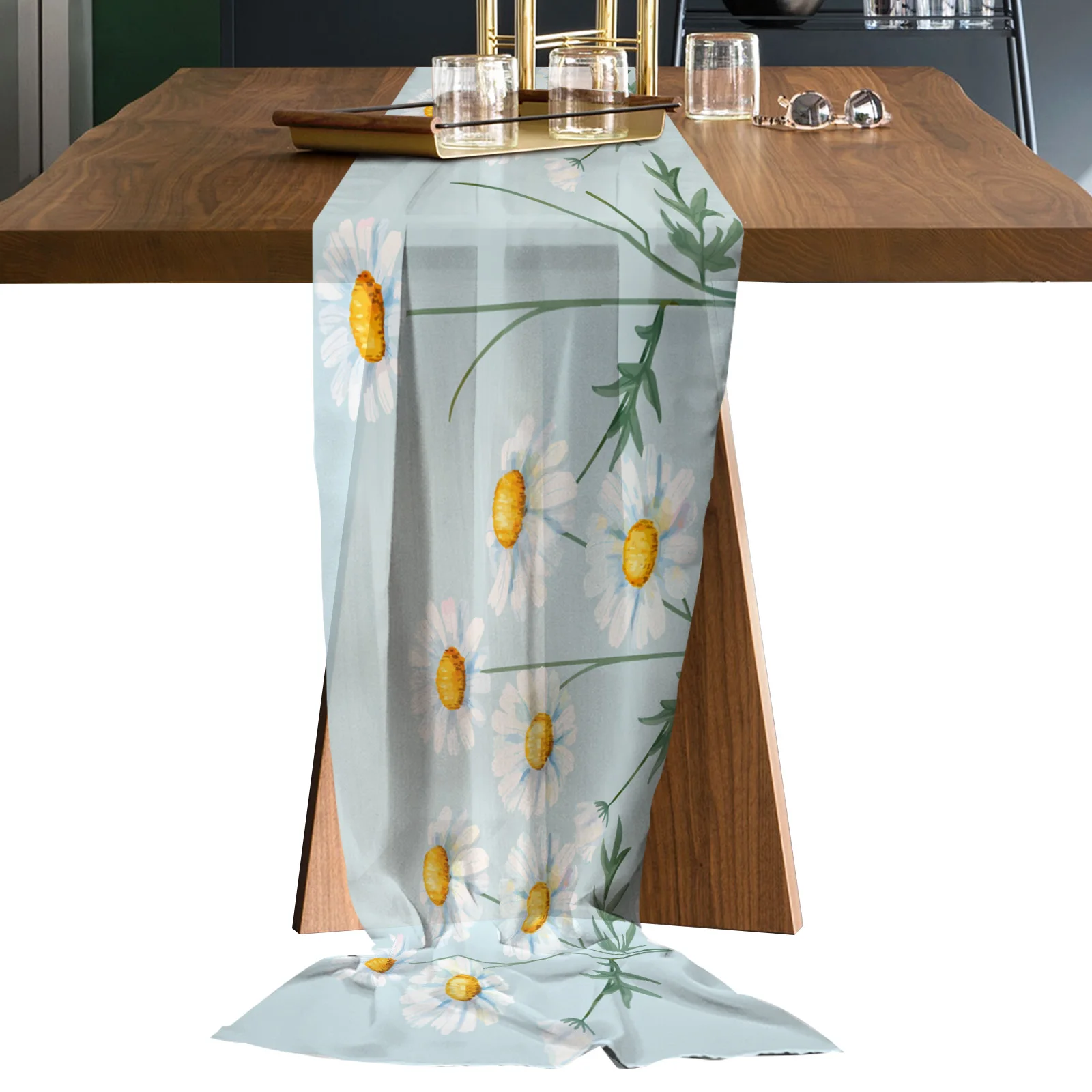 

Цветок маргаритки светильник-голубые газовые скатерти Свадебный декор для обеденного стола Печатные шифоновые скатерти для кухни