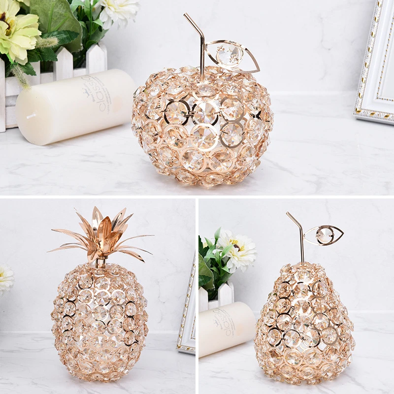 

Crystal Apple Pear Pineapple Ornament Gold Fruit Figurine Statue Shiny Rhinestone Tabletop Centerpiece Decoration Home Decor