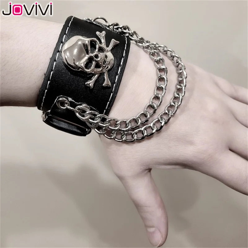 

Jovivi 1pc Men Metal Biker Black Wide Bullet Skull Spike Chain Cowhide Leather Punk Rock Bracelet Wristband Adjustable Bracelets