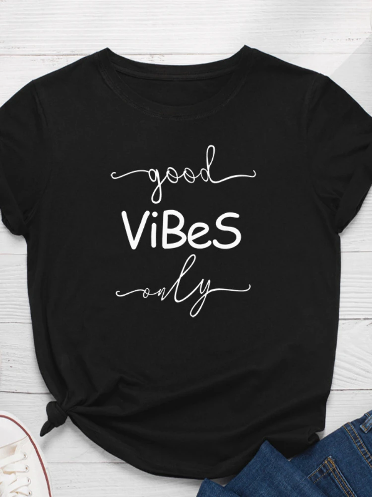 Good Vibes Only Letter Print Women T Shirt Short Sleeve O Neck Loose Women Tshirt Ladies Tee Shirt Tops Clothes Camisetas Mujer