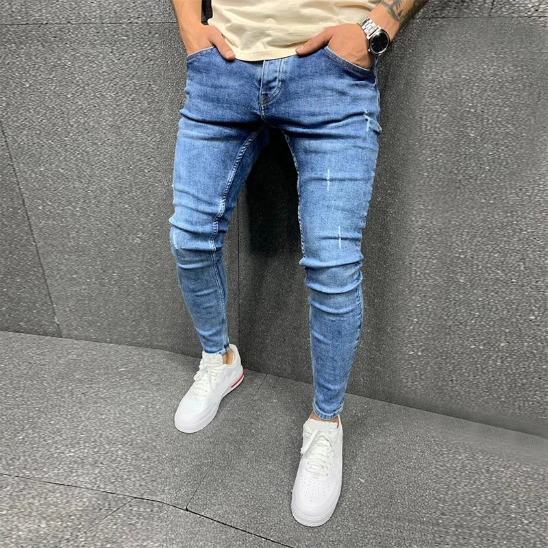 High Quality Stretch Men's Sexy Hole Biker Jeans men's 2XL 3XL Blue Frayed Slim Fit Pencil Pants Ripped Skinny Jeans for men