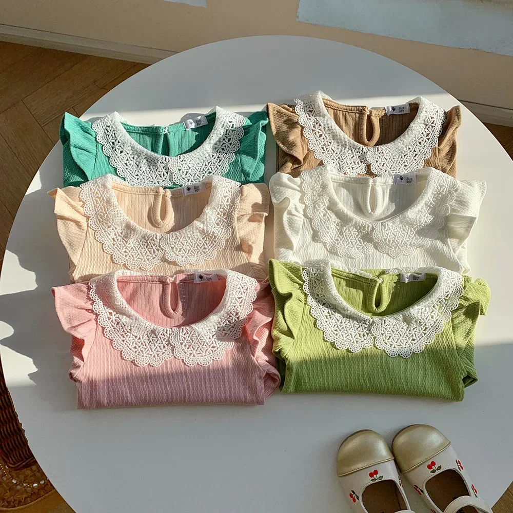 

Женская Осенняя Новинка 2023, хлопковая Однотонная футболка с кукольным воротником, милый топ с длинным рукавом