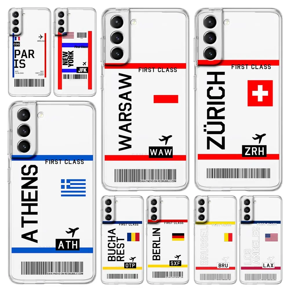 

Travel New York Airplane Ticket Phone Case For Samsung Galaxy S22 S20 FE S21 Ultra 5G S10 S10E S9 S8 Plus Note 10 20 Clear Cover