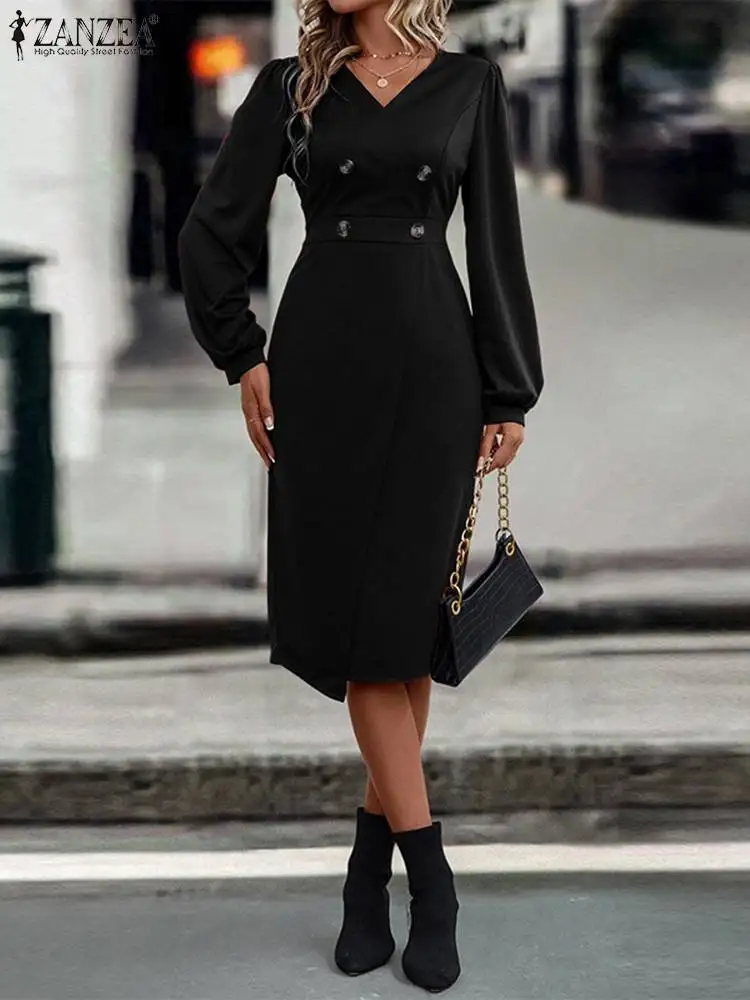 

Платье ZANZEA женское средней длины с длинным рукавом, Элегантное повседневное приталенное длинное платье с V-образным вырезом и необычным подолом, 2023