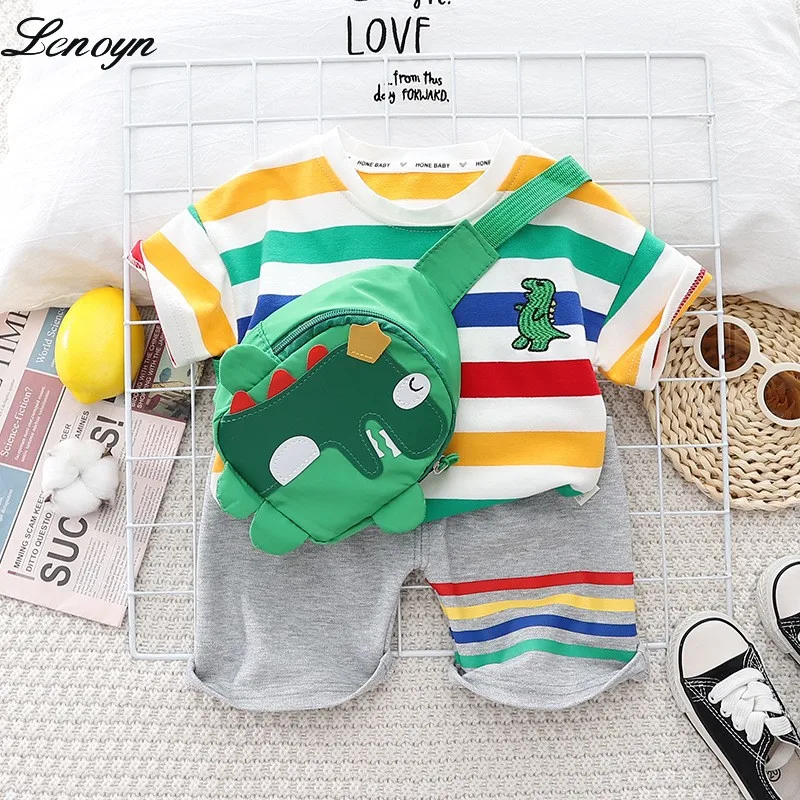 

Lenoyn Summer New Line Boys' Cool and Handsome Boys' Round Neck Stripe Short Sleeve Cotton T Cartoon Dinosaur Bag Casual Set