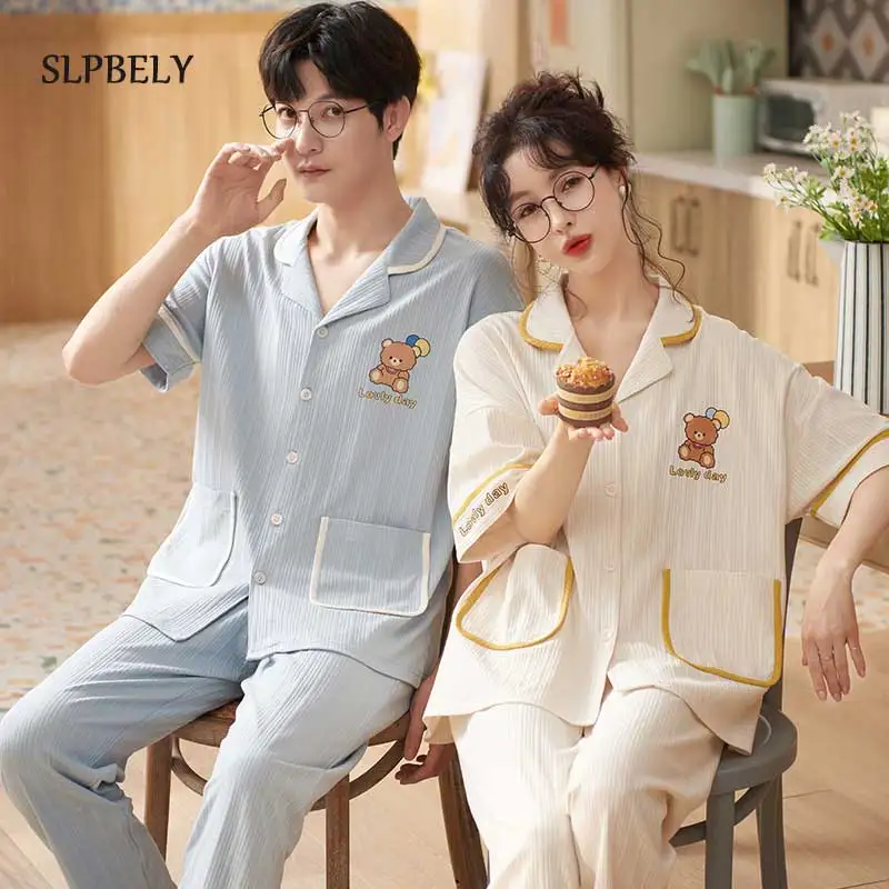 

SLPBELY Short Sleeve Sleepwear Couple Men and Women Matching Home Set Cotton Pjs Cartoon Leisure Nightwear Pajamas for Summer