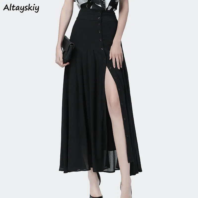 

Long Skirts Women OL Chic Korean Fashion High Waist Slit-design Vintage Summer Faldas Black Ladies A-line Stylish Ankle-Length