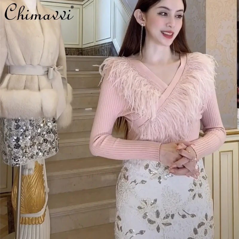 

Женский трикотажный пуловер с V-образным вырезом и бусинами, Осень-зима 2022