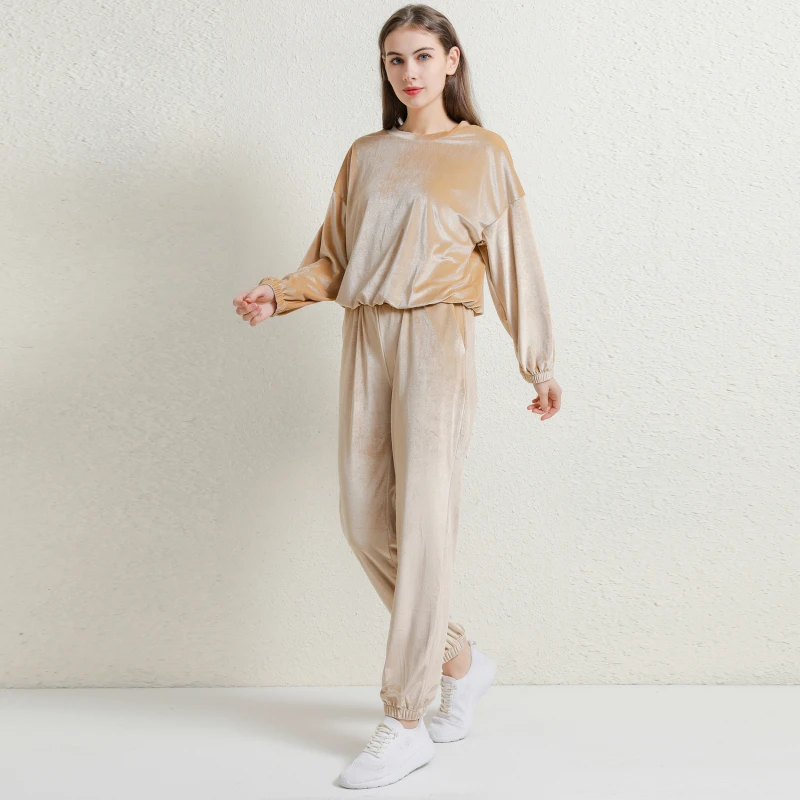 

2022 Women Solid O-Neck Long Sleeve Full Pant Homewear Suits Spring Autumn Velvet Casual Pocket Ladies Sets Loose Loungewear