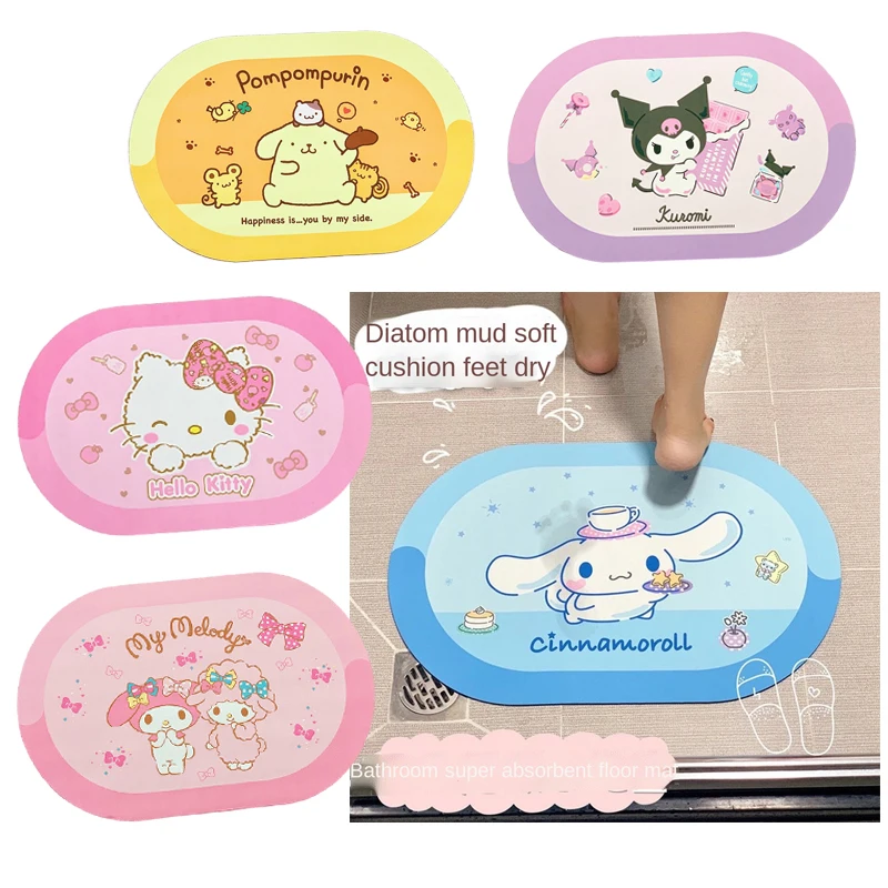 

Anime Cartoon Kuromi Cinnamoroll Melody KT Cat Diatom Mud Soft Mat Kawaii Bathroom Non-slip Pad Absorbent Quick-drying Foot Mat