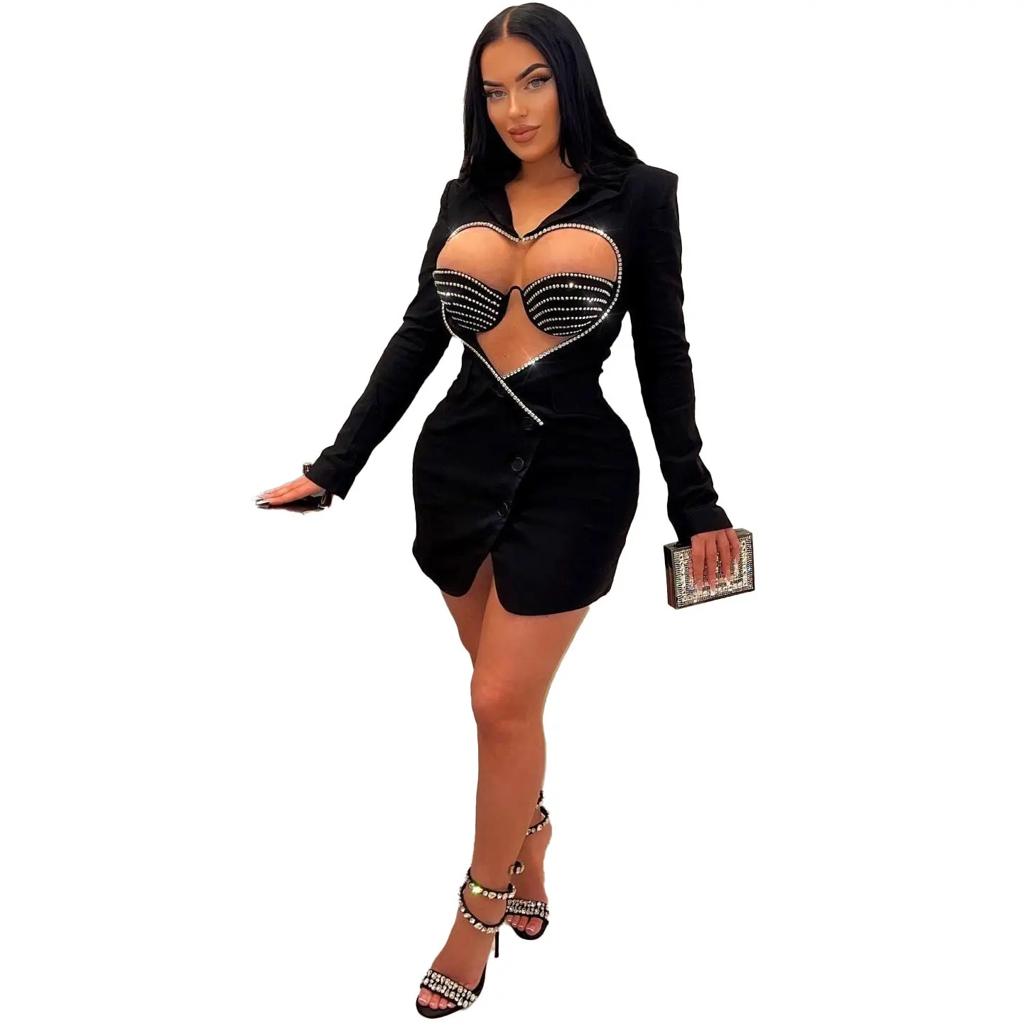 

Women Diamonds Love Heart Cutout Bodycon Mini Blazer Dress Bra Elegant Sexy Long Sleeve Buttons Dress Set Party Night Clubwear