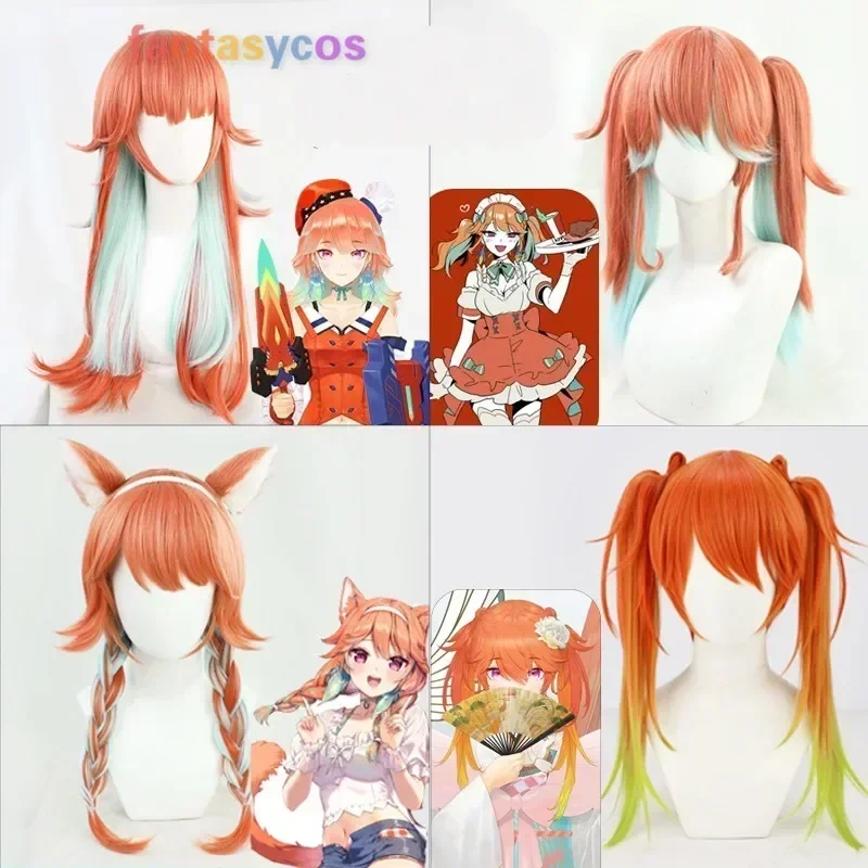 SN66 VTuber Takanashi Kiara Косплей Парик с Ушками Hololive AT Kusotori Girls Оранжевые Смешанные Зеленые