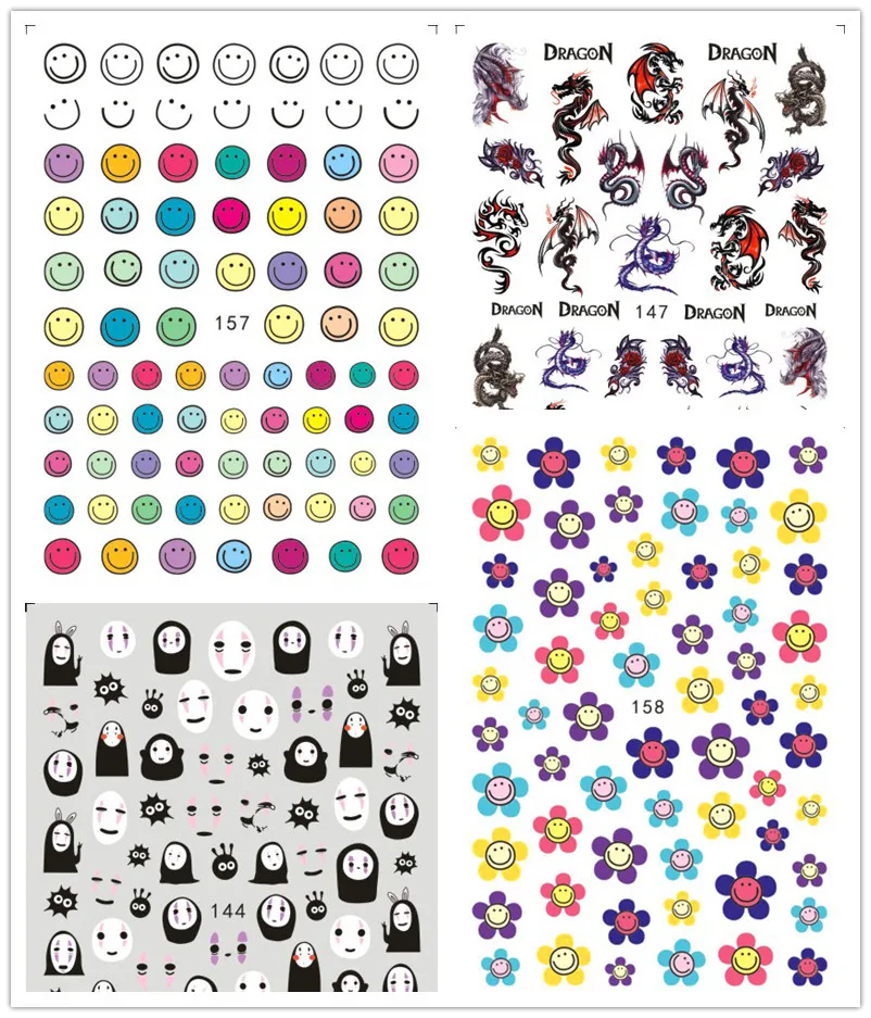 

5PCS Mixed Cartoon Graffiti Smile Nail Stickers Vintage Dragon Flowers Patterns Nail Art Stickers Decorations Accessories
