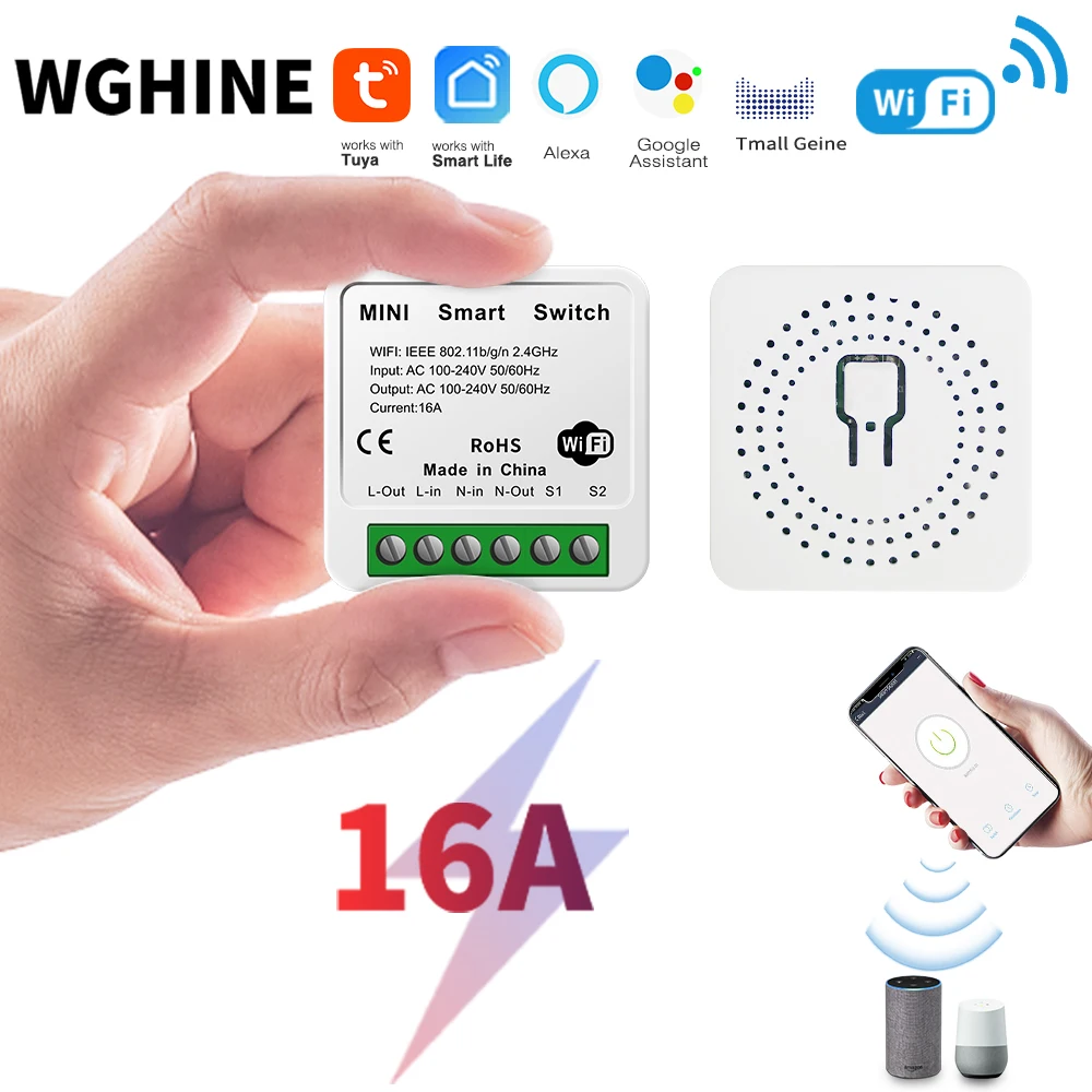 Мини Смарт-выключатель WGHINE, 16 А, Wi-Fi