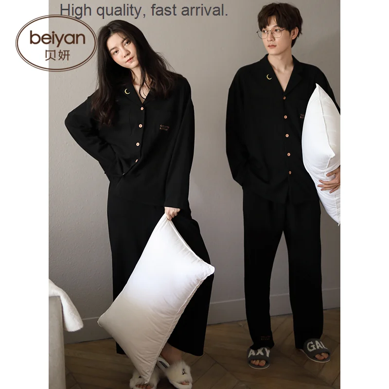 Women's Couple Pajamas Spring and Autumn Cotton Long-Sleeved Fashion Polo Collar Home Wear Large Size Men's Black Couple Suit