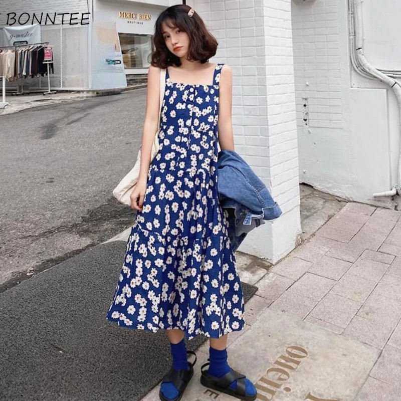 

Floral Dresses Women Design Sweet Retro Korean Style Ladies Sleeveless Stylish Summer Casual Temperament Daily Midi Vestidos Ins